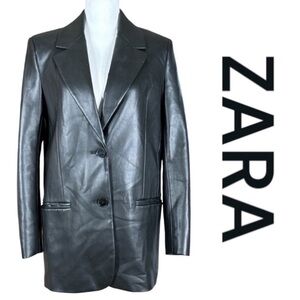 ZARA Vegan Leather Blazer, Two Button Front, Pockets, Size XS.